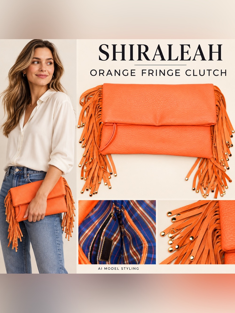 Shiraleah Chicago Orange Fringe Foldover Clutch with Gold-Tip Fringe